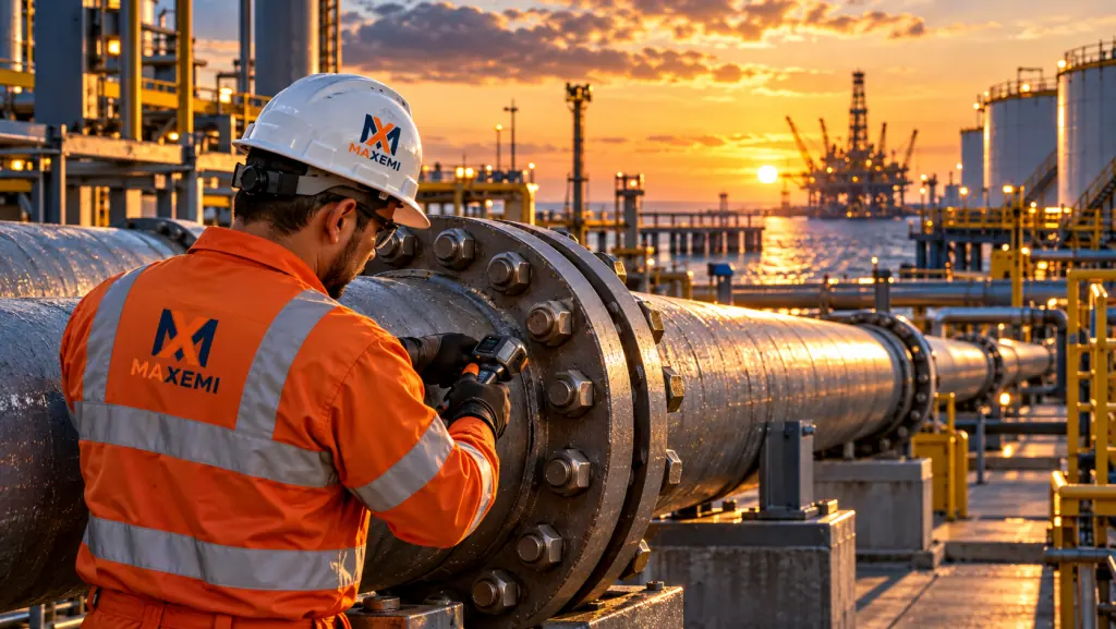 Técnico MAXEMI revisa una unión bridada en una línea de proceso