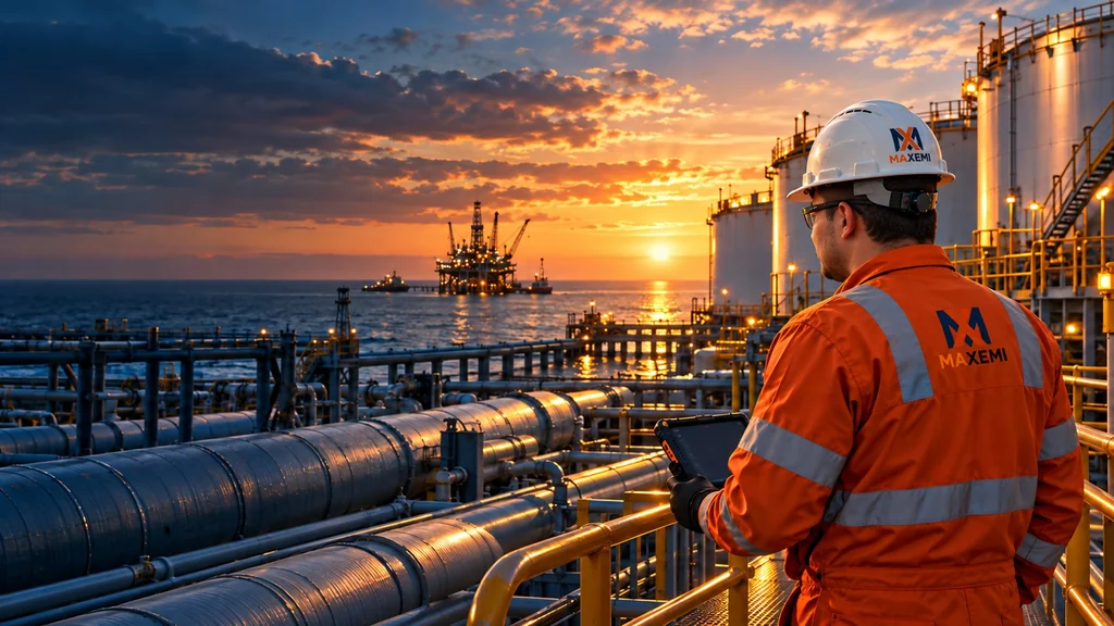 Técnico MAXEMI supervisa una terminal costera al atardecer