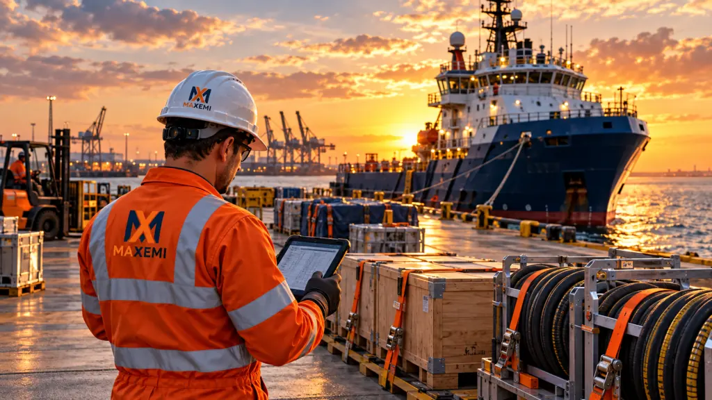 Coordinador MAXEMI en un muelle frente a un buque de apoyo offshore