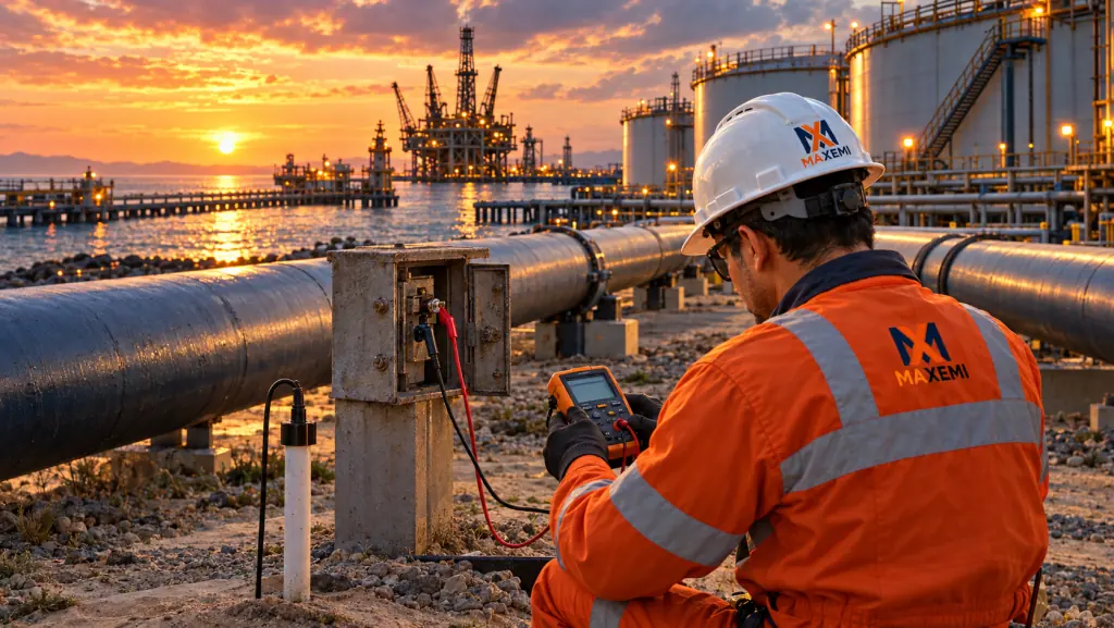 Técnico con casco y overol MAXEMI realiza una medición junto a un poste de prueba de un ducto en una terminal costera al atardecer